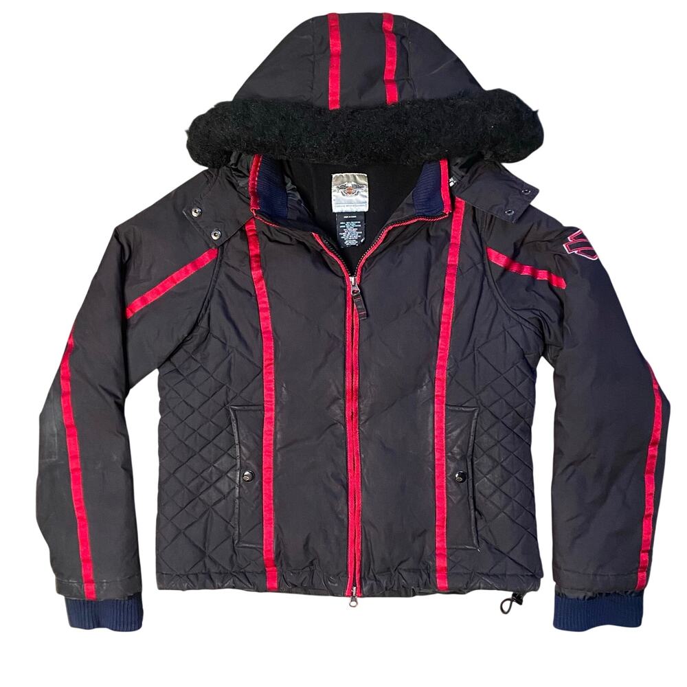 Harley Davidson Down Puffer Jacket Women Sz L Black Red Faux Fur Trim VTG